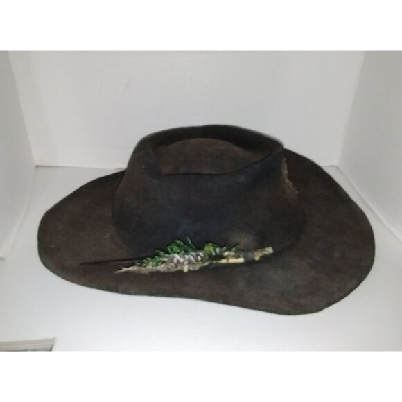 Vintage Black Wool Wide-Brim Hat With Feather Accent & Decorative Emblem - Picture 1 of 6